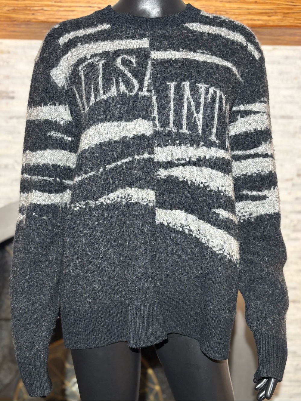 AllSaints Charcoal & Black Ture Saints Crew jumper Tiger Stripe Distressed